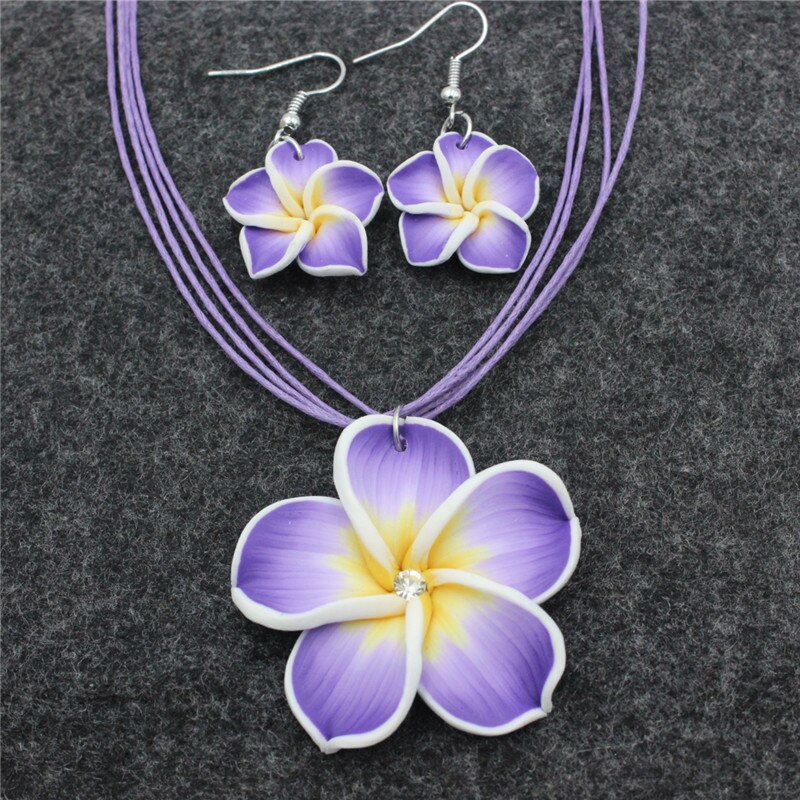 Girl Women&#39;s Fimo Flower Jewelry Sets Hawaii Plumeria Flowers Jewelry Sets Fimo Polymer Clay Earrings Necklace Pendant