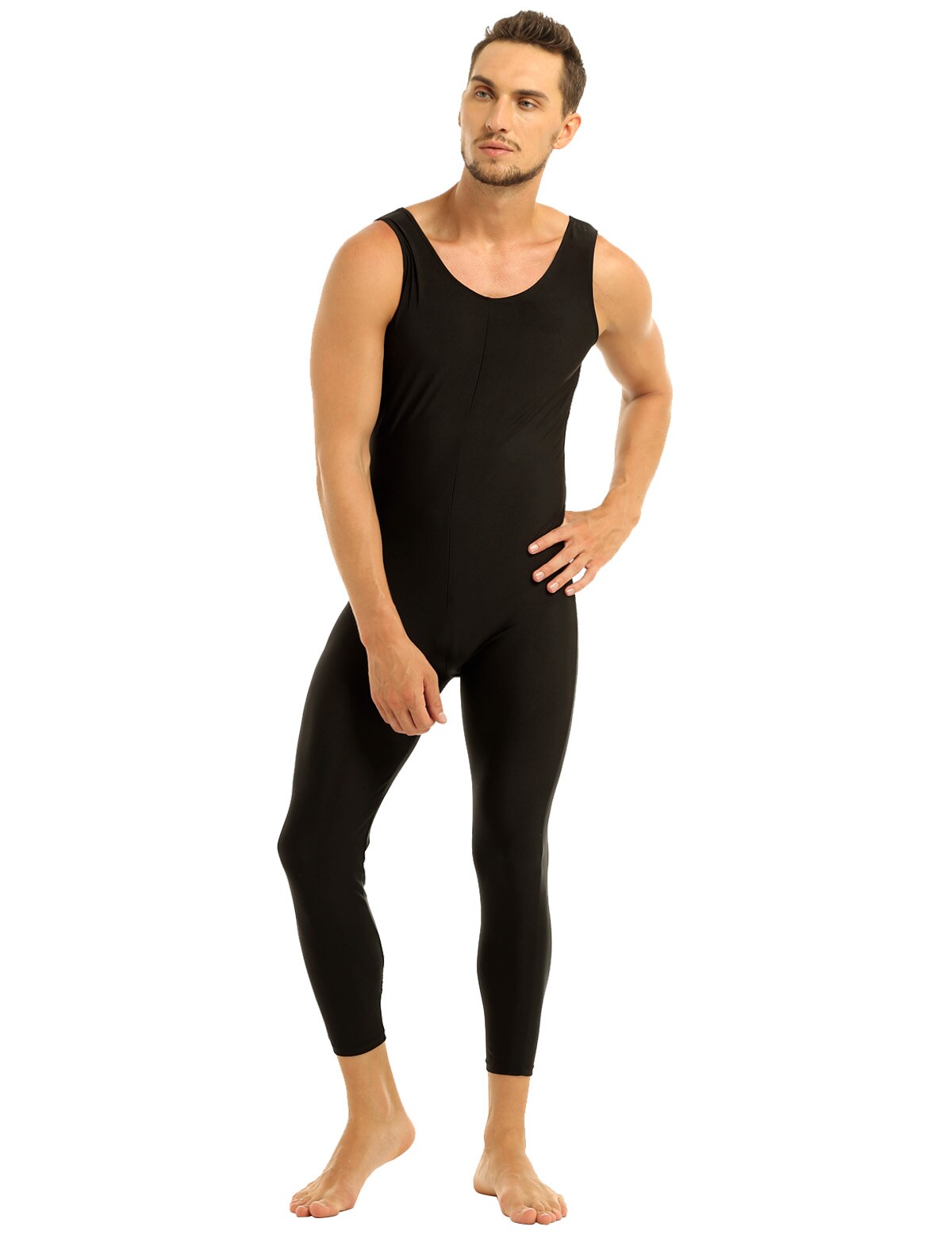 Sexy Mens Adults Well Fit One Piece Scoop Neck Sleeveless Skin-Tight Solid Color Vest Unitard Bodysuit Dancewear for Performance