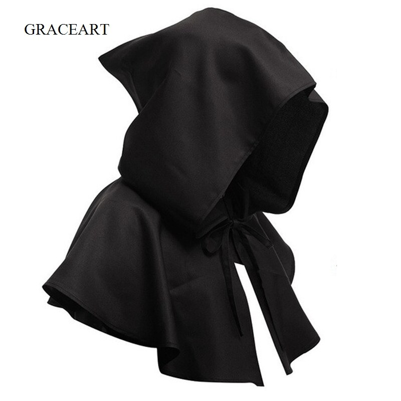 Capa con capucha para la edad media Cosplay Death Hat Halloween carnaval Medieval renacentista cura: Black