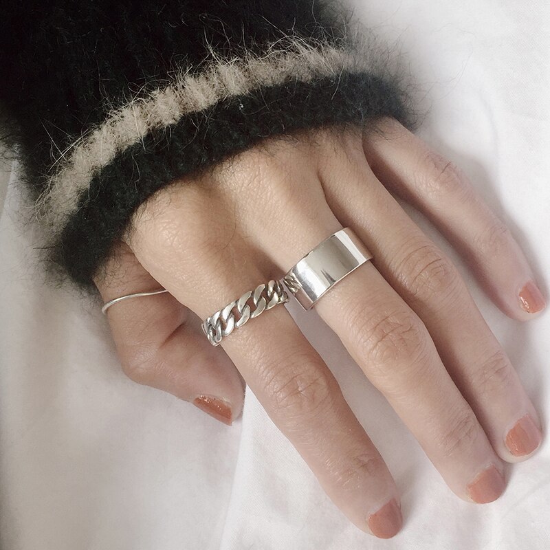 925 Sterling Silver Ampio Anello Della Catena Set Argento Vintage Selvaggio Piazza Striscia Catena Anelli Aperti per le Donne Nuovo Gioielleria Raffinata Regalo lucido