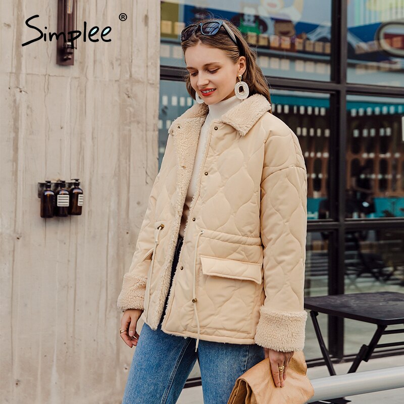 Simplee casual aprikos damkläder långärmad skarvning kvinnors varma parka high street stil damas parkas höst vinter