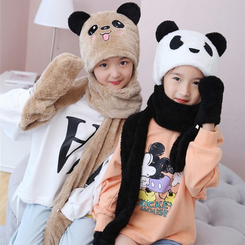 Peuter kinderen baby winter 3 in 1 muts lange sjaal handschoenen set panda dierenoren dikke pluizige pluche hoodie oorklep muts nekwarmer