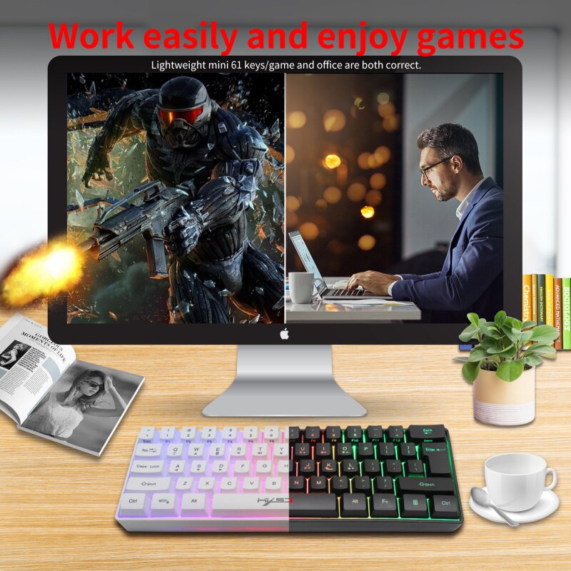 Wireless Gaming Keyboard 2200mAh LED Backlit Mini 61 Keys Keyboard with Bluetooth 5.1&amp;2.4G Wireless Dual Modes Compact Layout