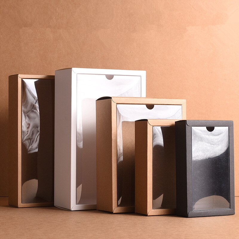 10pcs Folding Kraft Paper Box with Transparent PVC Window Box Packaging Box candy favors arts&krafts display package box