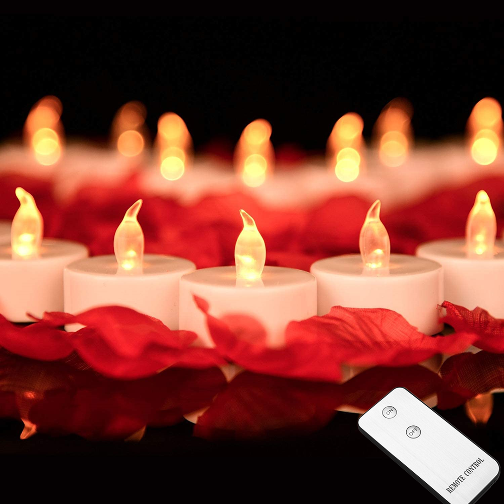 Velas LED con 100 piezas de pétalos de rosa artificiales, luces de té con batería, para propuesta de boda, Día de San Valentín, decoración del hogar, 24 piezas