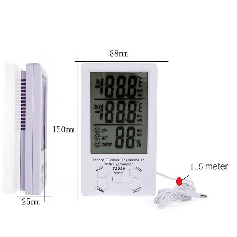Indoor Outdoor LCD Digital Desktop Temperature Meter Humidity Thermometer Time Clock with External Probe Sensor Cable
