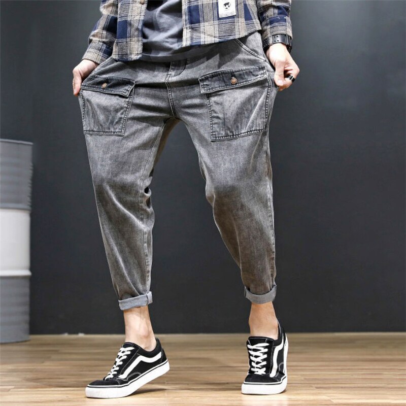 High Stretch Harem Jeans Men Plus Size Style Multi-pocket Cargo Pants Outdoor Loose Gray Washed Trouser