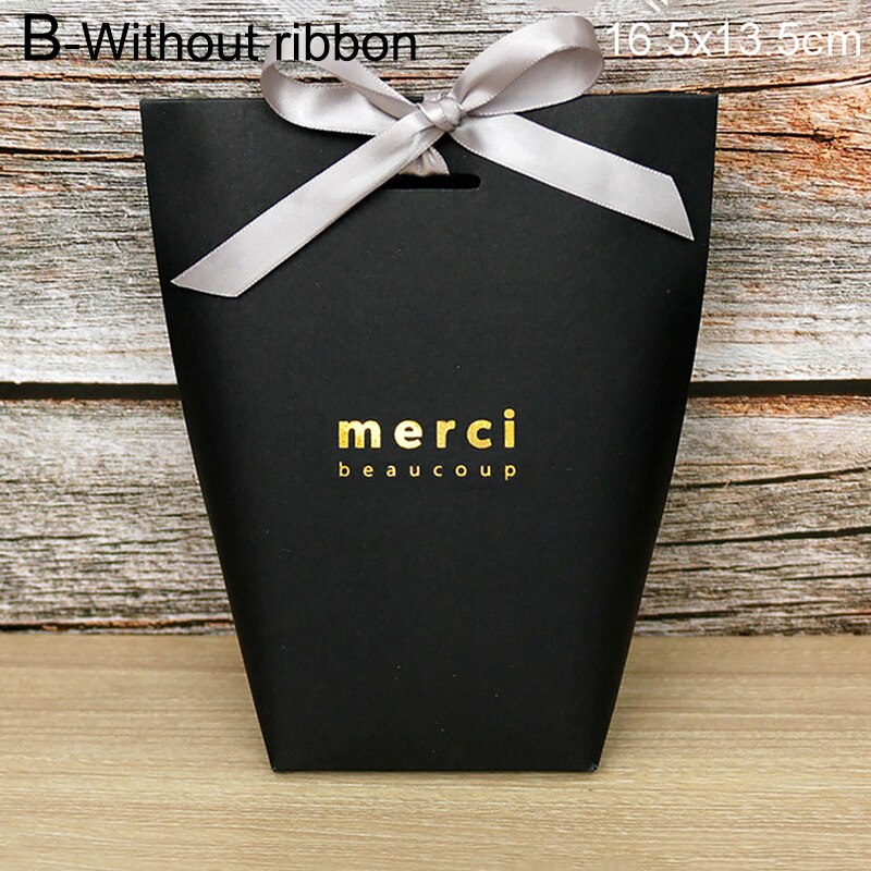 Black White Bronzing "Merci Candy Box Exquisite French Thank You Packaging Candy Kraft Paper Bag Wedding Dragee Box: 02 Without ribbon