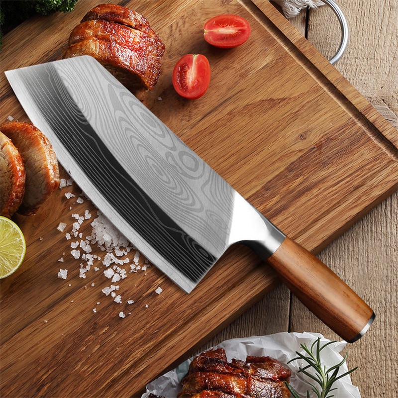 YUHS Traditional Handmade Forged Kitchen Knife Hammer Stainless Steel Chef's Chopper Cooking Knives Wooden Meat Slicer