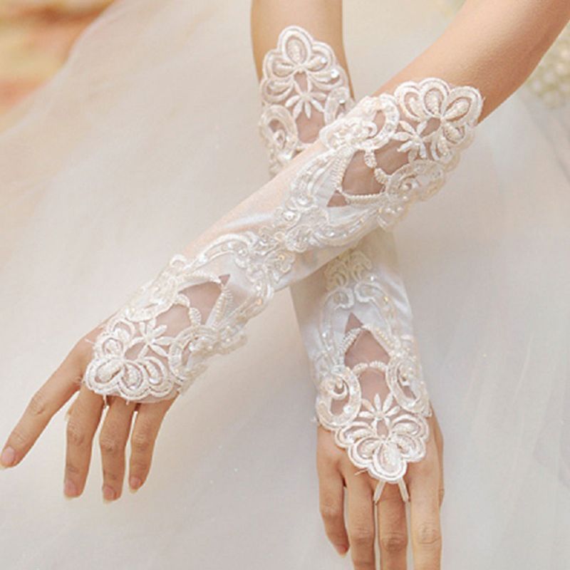 Guantes largos de novia para mujer, sin dedos, bordados, encaje, lentejuelas brillantes, Color sólido, longitud del codo, mitones, gancho, dedo, boda
