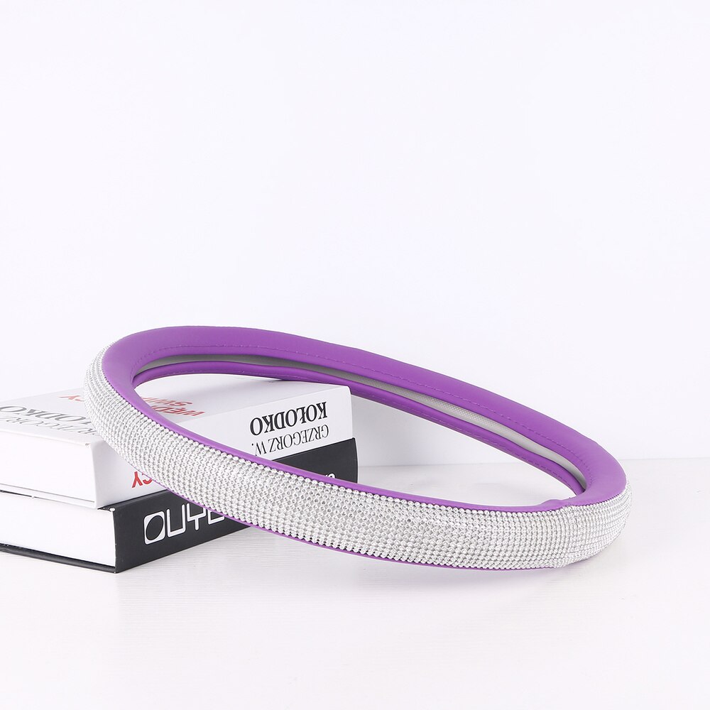 Fashionable Rhinestone Car Steering Wheel Cover Anti-slip Wheel Sleeve Protector (Black Leather + White Diamond)