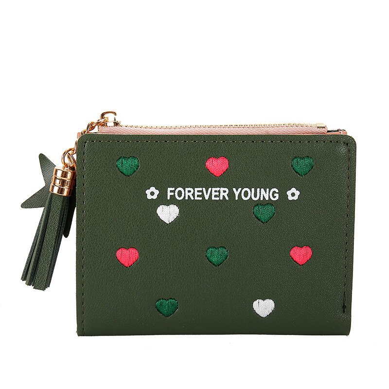 Wallet Women Newest Heart Tassel Leather Wallet Female Wallet Zipper Solid Lady Purse Card Holder Bag: green