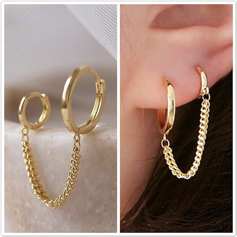 1Pcs Rvs Dubbele Oor Gat Link Chain Hoop Earring Voor Vrouwen Oor Sieraden Accessoires Cadeau