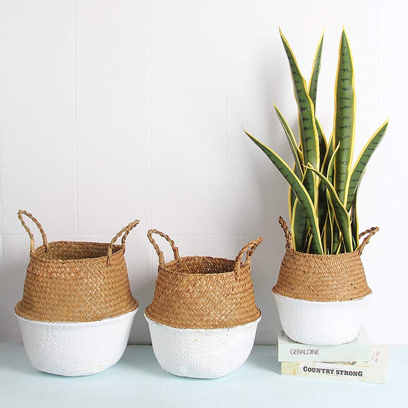 Boho Decor Foldable Handmade Rattan Storage Basket Folding Wicker Seagrass Belly Straw Garden Flower Pot Planter Panier Mimbre