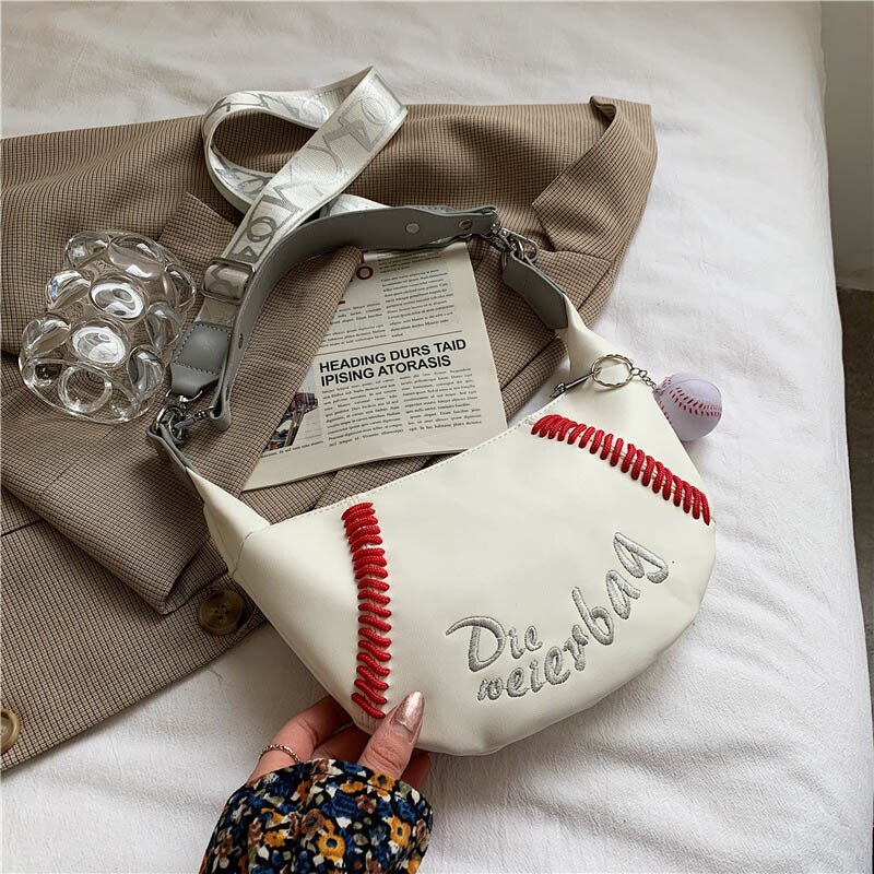 Projekt haftu małe torby baseballowe półksiężyc PU skórzane torby na ramię Crossbody dla kobiet 2021 moda kobiece torebki podróżne: biały