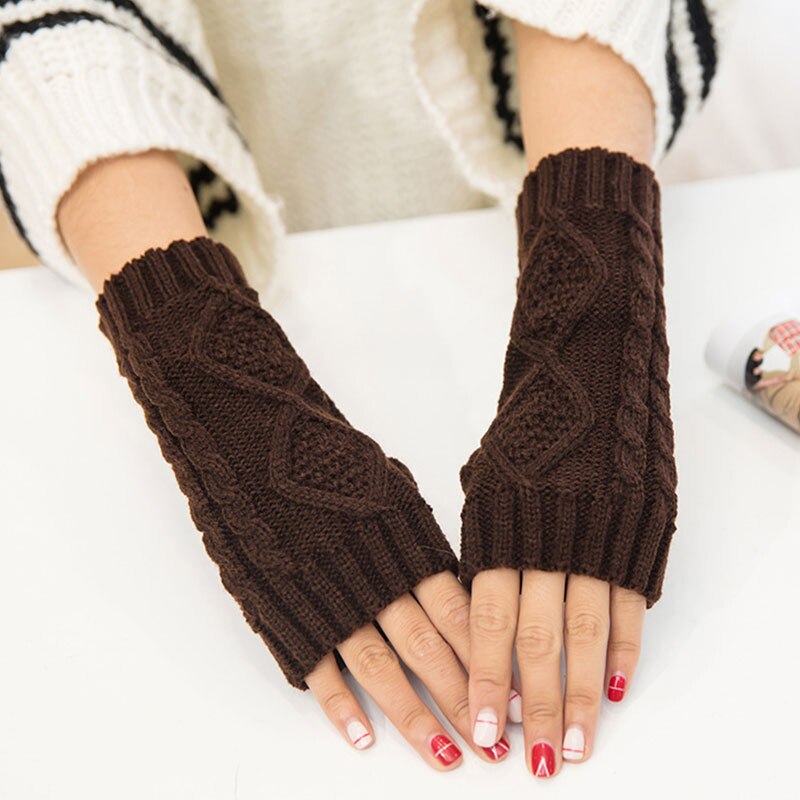 Solide vinterhandsker kvinder strikkede fingerløse damerhandsker armvarmer vanter handsker vinter varm håndled uld rød sort grå handsker: Kaffe
