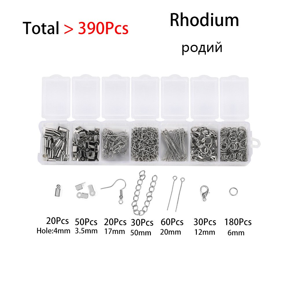 390PCS/Set Earrings Hook Jump Ring Eye Headpins Lobster Clasp DIY For Necklace Chain Jewelry Making kits Finding Supplies sets: Rhodium