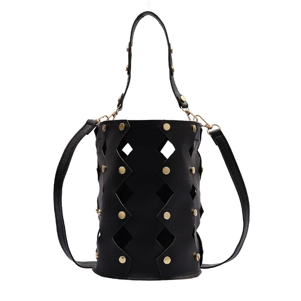 Rivet femmes seau sacs à bandoulière hcabas sac à main femme classique ollow cuir messager épaule sacs à main: Black