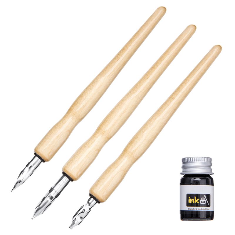 Manga Dip Pen Set Comic Pro Drawing Kit 3 Nibs Wood Holder Ink Calligraphy Tools DXAC