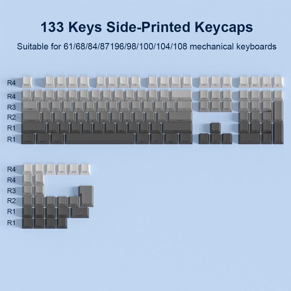 Pbt-materiaalista valmistetut 133 näppäintä, kirsikanväriset harmaat liukuvärjätyt näppäinhatut, sivulta kaiverrettu sublimaatiotekniikka mekaanisille näppäimistön näppäinhatuille: Harmaa