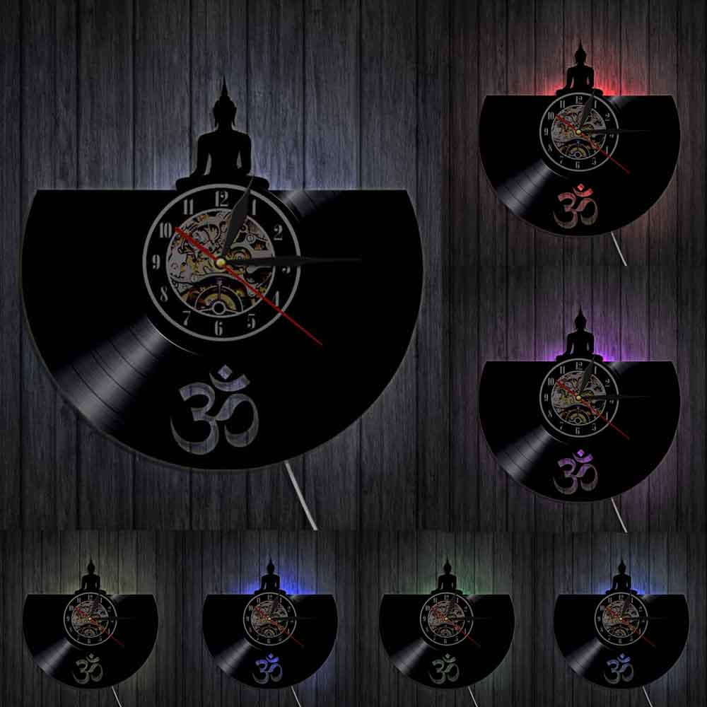 Boeddha Led Wall Art Boeddha Mediteren Vinyl Record Wandklok Retro Unieke Muziek Art Klokken Horloge Led Verlichting Display Teken