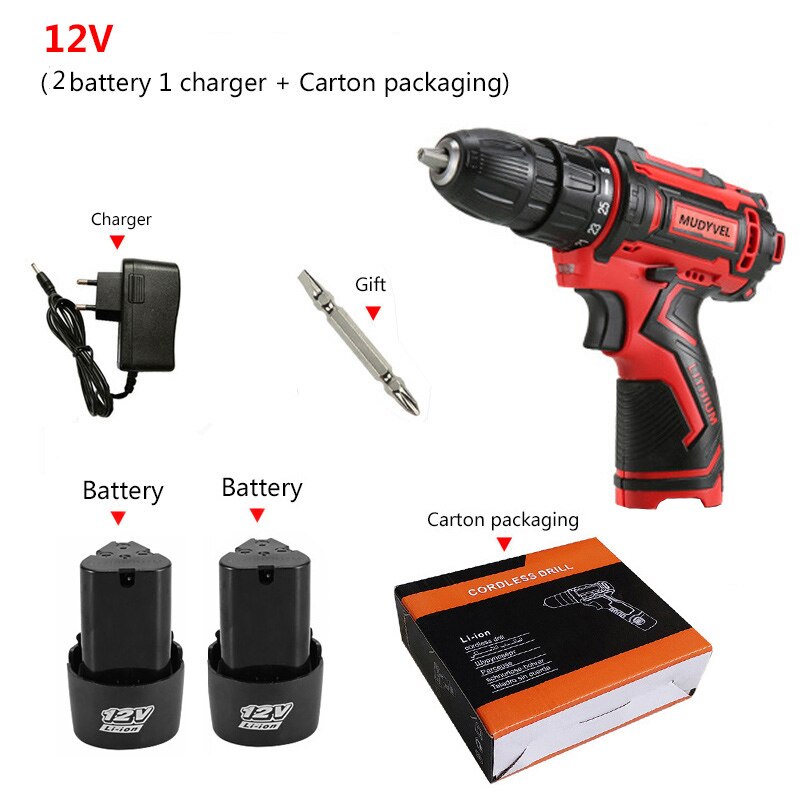 Cordless Screwdriver 12V Power Tools Rechargeable Battery Wider Profesional 3/8-Inch 2-Speed Cordless Mini Drill Electric: 12V 2 battery