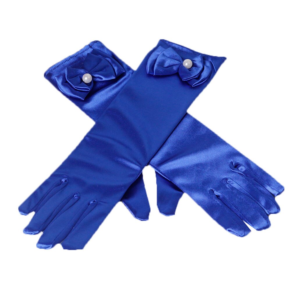 Gants de fête 11 couleurs | Gants longs de princesse pour enfants filles, gants en Satin avec nœud perlé, gants d'anniversaire: Bleu profond