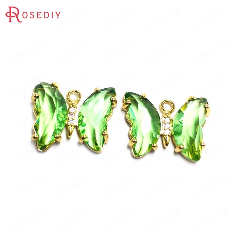 Breloques papillon en laiton, Zircon et verre, 15x20MM 24K, couleur Champagne or, pendentifs, fournitures pour la fabrication de bijoux, résultats de bricolage, 10 pièces: Light Green