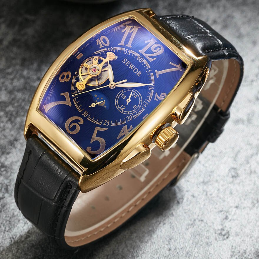 Retro automatiske ure mænd kranium skelet urskive selv vind brun armbåndsur han vintage vintage romersk ur læder reloj relogio: Mekanisk ur