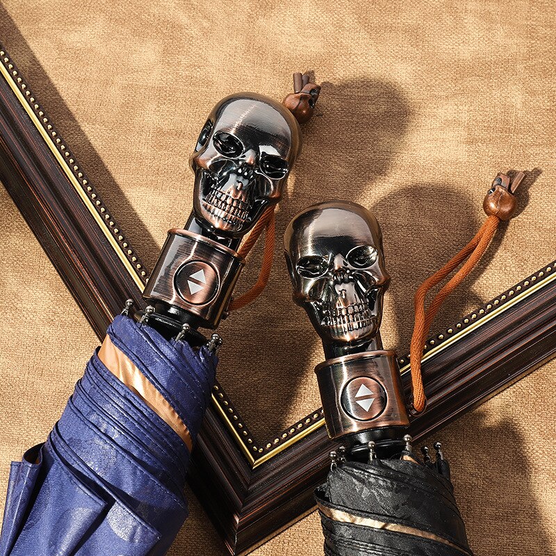 Skeleton head automatic 3 fold rain umbrella waterproof anti ultraviolet parasol wind resistant umbrella