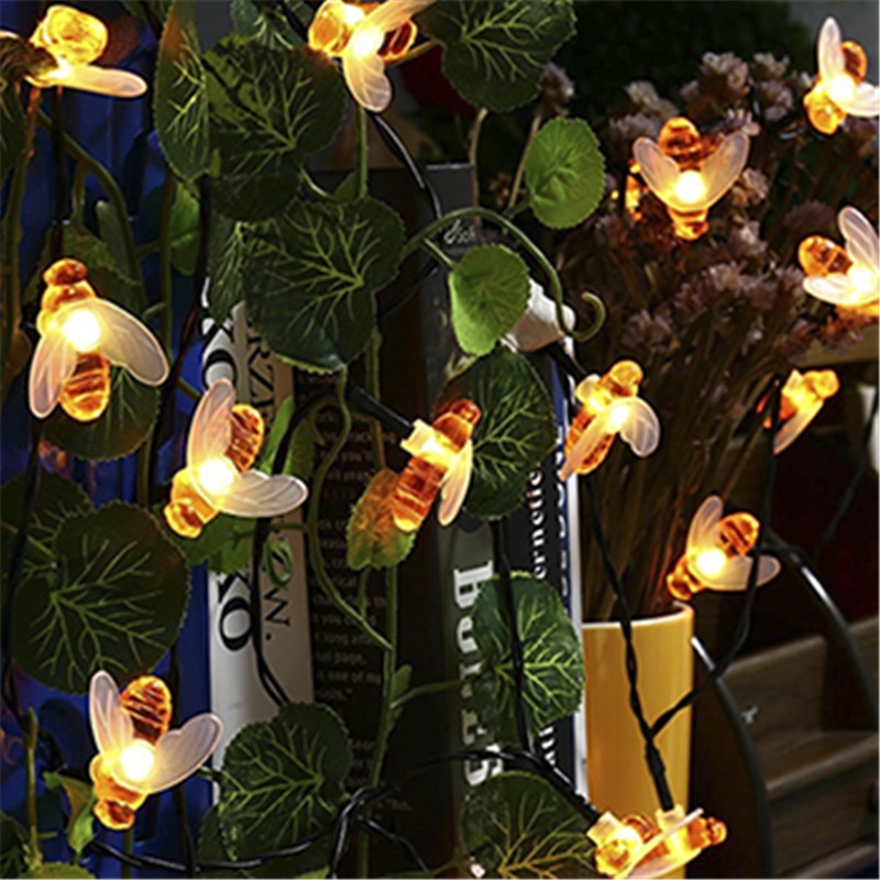 Eclh 20/50 sol led lys string 5m/10m udendørs julelys honningbi garland kulørte lamper ip vandtæt kork til haven