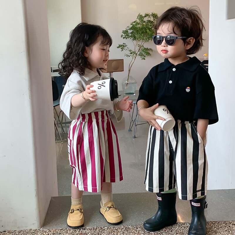 2117B 2022 Summer Girls Boys pantaloni a righe lunghezza media tasca grande bambino coreano pantaloni per bambini gamba larga allentata