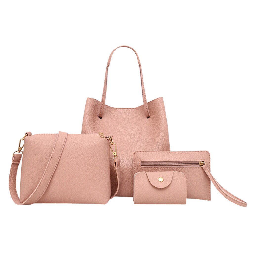 4Stck Frauen Tasche einstellen Handtasche Neue aufbringen Leder Handtasche + Umhängetasche + Umhängetasche + Karte paket Für Weibliche Packung: Rosa