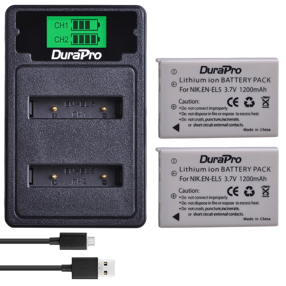 Batterie ENEL5 EN EL5 1200mAh avec double chargeur LCD, pour Nikon EN-EL5 Coolpix P90 P80 P530 P520 P510 P100 P500 P5000 P5100 P6000: 2Battery 1Charger