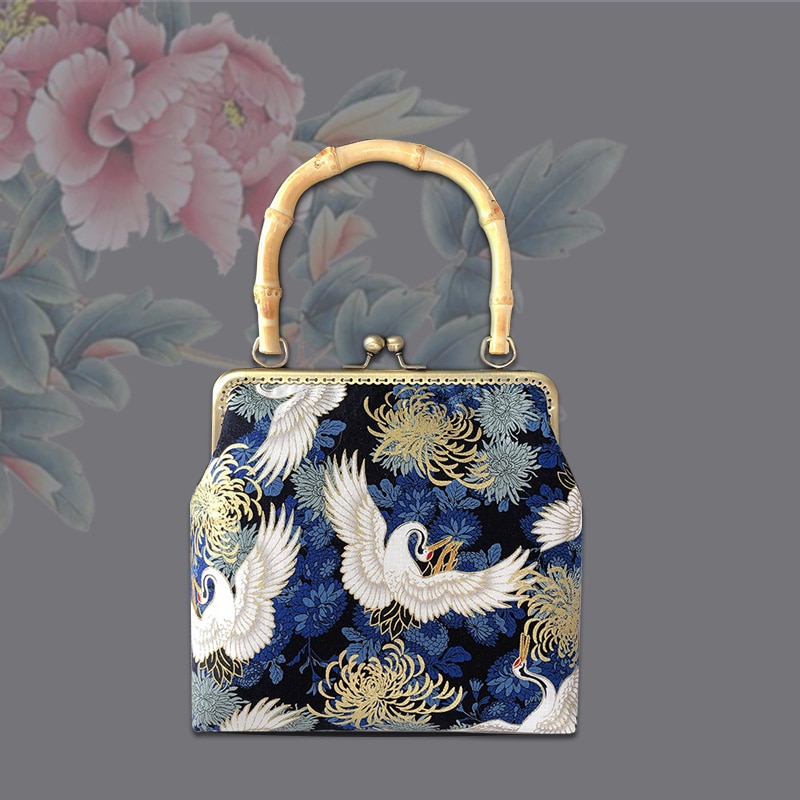 Women DIY handbag vintage birds with bamboo handle material or finished bag