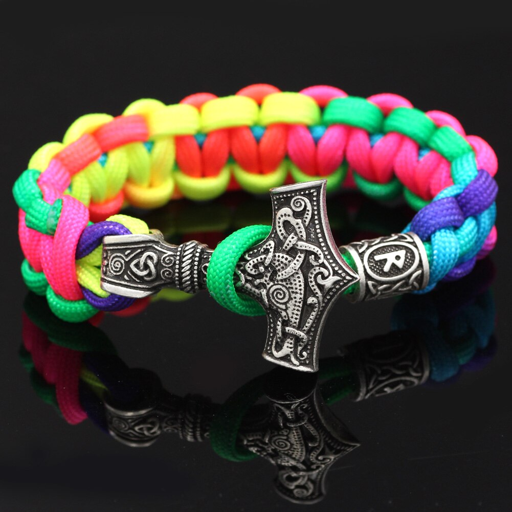 Youe Glänzte Nordischen Viking Thor Mjolnir Hammer Paracord Amuletceltic Rune Knoten Amulett Skandinavischen Licht Regenbogen Armband: R