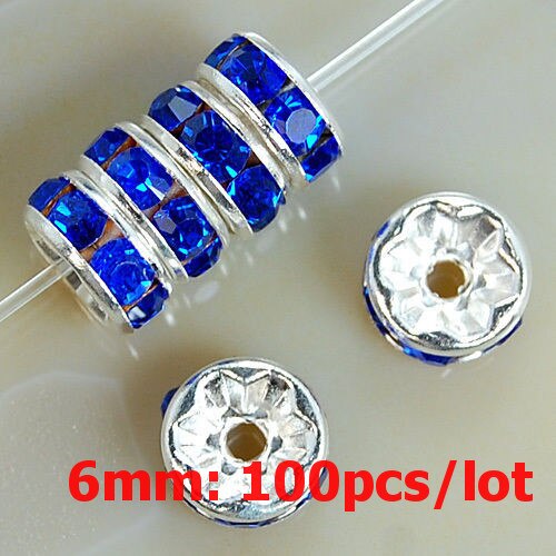 6mm 100 sztuk Metal srebrny Plated kryształ Rhinestone Rondelle koraliki dystansowe luzem koraliki dla DIY akcesoria do wyrobu biżuterii Supplie: Dark blue