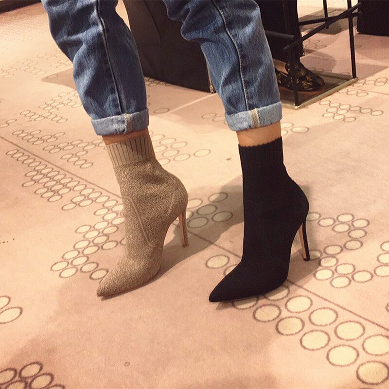 Slim fit kvinder ankelstøvler spidstå stretch stof strik sokkestøvle højhælede sko kvinde valentin sko kvinder pumps