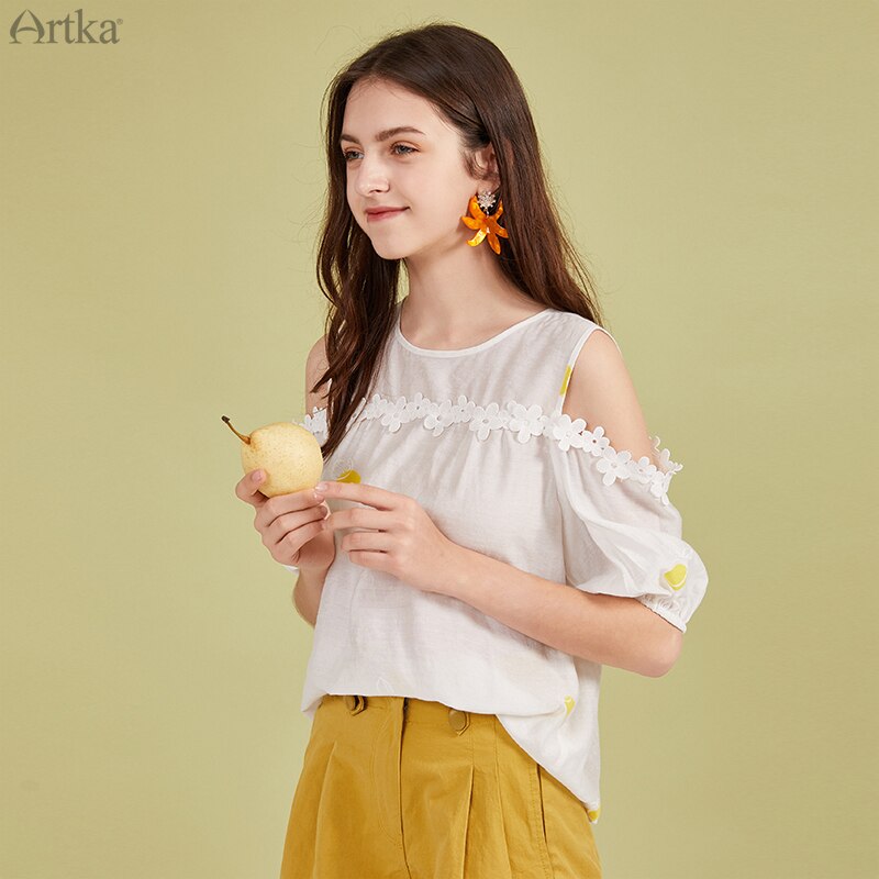 ARTKA Summer Blouse Women Print White Chiffon Shirt Off Shoulder Blouse Loose Short Sleeve Lace Shirt SA20205C