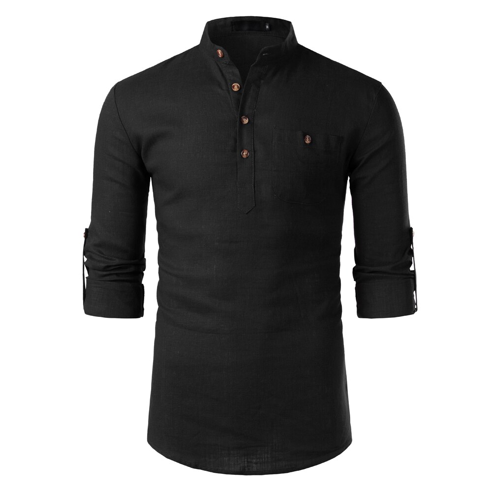 Effen katoenen linnen overhemd heren mandarijnkraag lange mouwen heren overhemden met zak casual zakelijk werk chemise homme: Zwart / Vs xxl