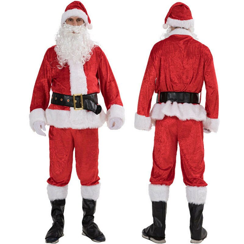 5PCS Kerstman Kostuum Mannen Volwassen Pak Christmas Party Outfit Fancy Xmas Jurk Jas Hoed Riem Baard Broek Pak s-3XL