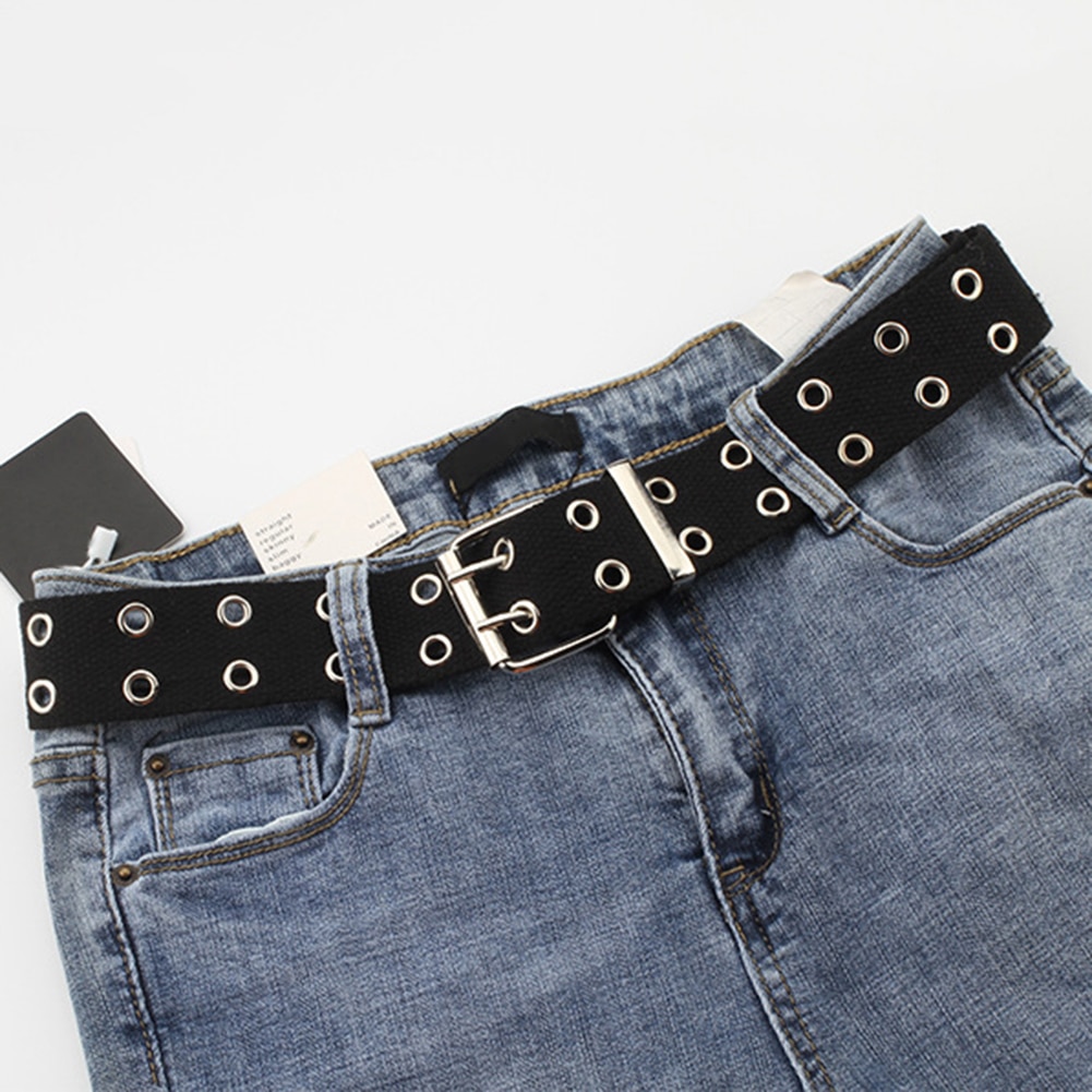 Cinturones de lona ancha para hombre y mujer, cinturón informal de doble Agujero hueco con hebilla, correa ajustable de Color sólido, pantalones vaqueros para estudiantes: Black