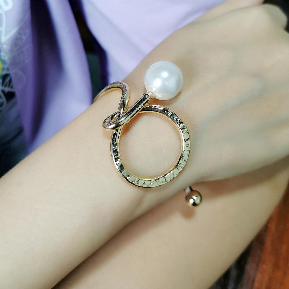 MANILAI Brand Imitation Pearl Cuff Bracelets For Women Wave Curve Metal Bracelet Bangles Alloy Charm Jewelry Party