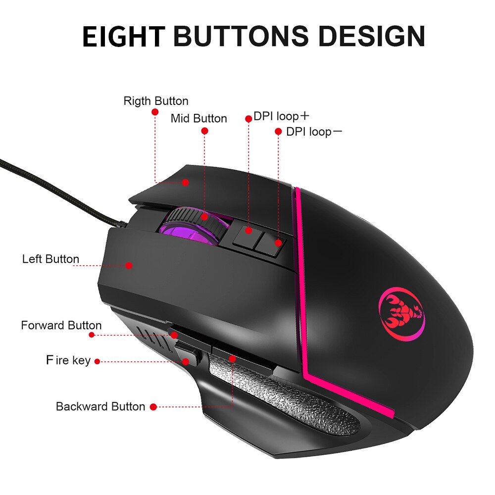 HXSJ A876+V100 Keyboard and Mouse Combo Wired Gaming Mouse+One-handed Game Keyboard with Adjustable DPI and Breathing Light