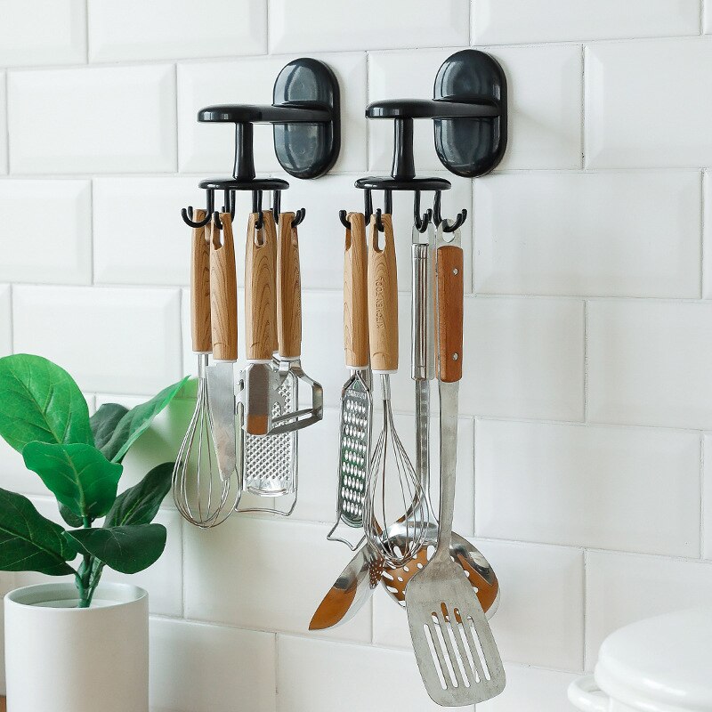 Rotated Hooks Wall-mounted 6 Hooks Home Door Handbag Clothes Ties Bag Hanger Kitchen Spatula Spoon Storage Hanging Rack