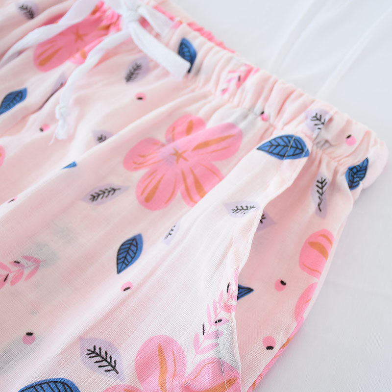 100% de algodón de gasa para mujer, Pantalón de pijama fino, informal, para dormir, tejido Floral de talla grande, para el hogar