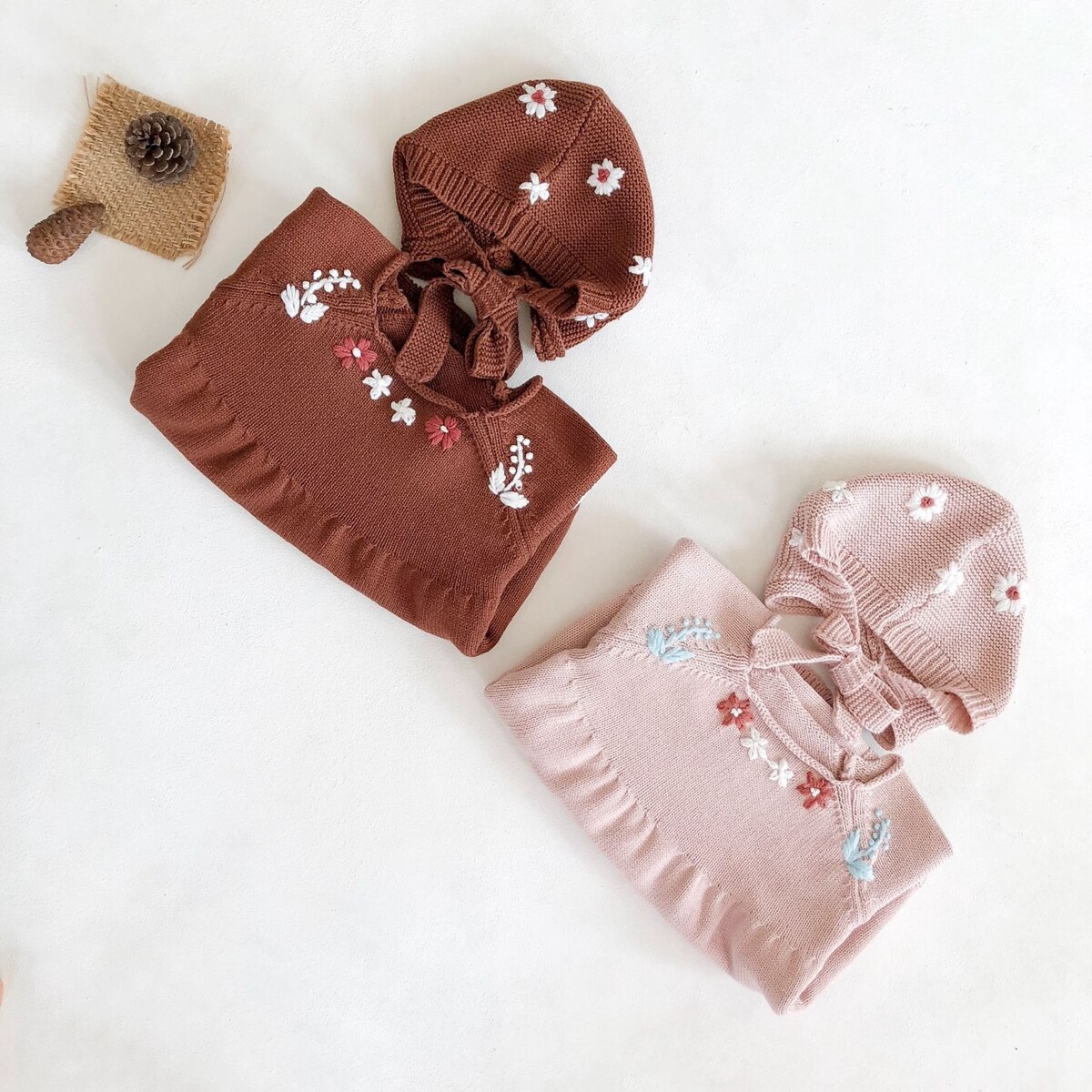 0-2y bebê meninas camisola de malha bodysuit 2020 outono bonito bordado flor manga longa uma peça conjunto bodycon com gorro bonés