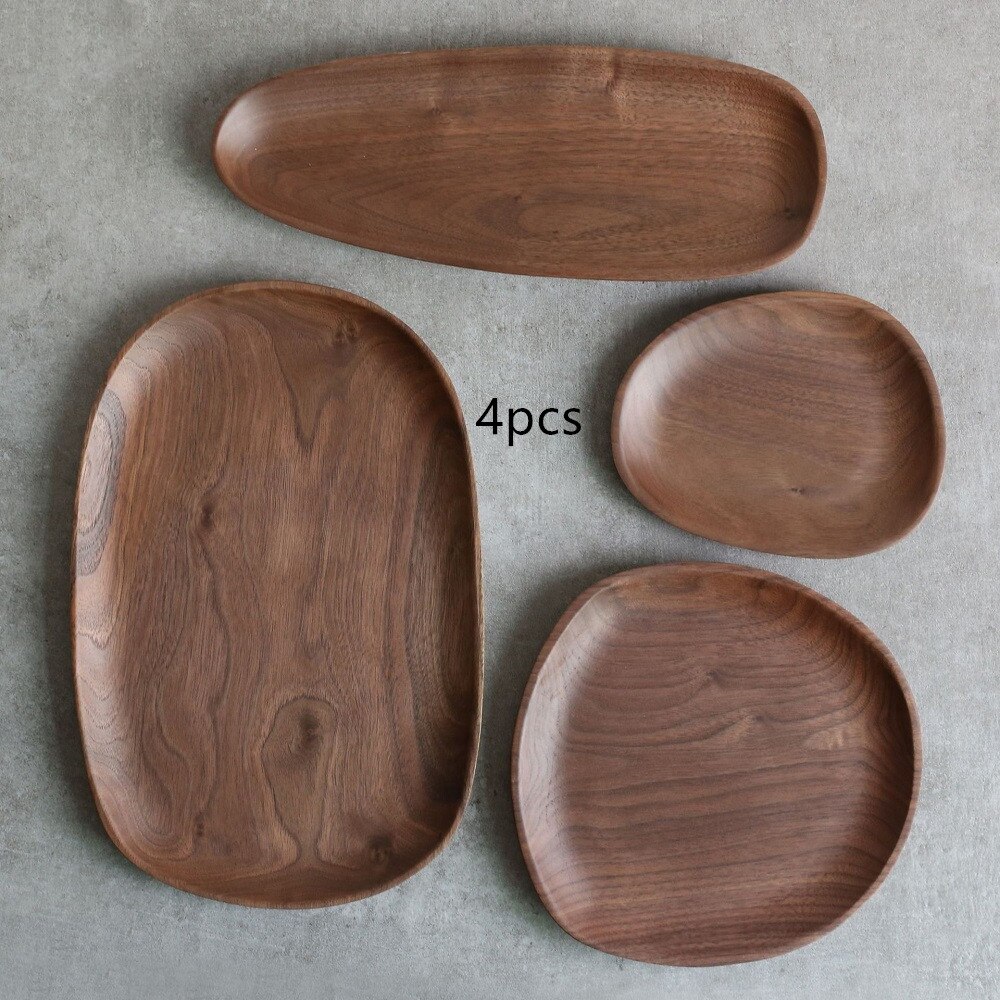 Irregular Solid Wood Plate Black Walnut Wood Pan Sturdy Natural Party Tableware for Salad Dessert Dinner Fruit Tea