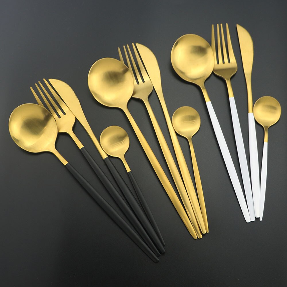 Couverts en acier inoxydable 304, 24 pièces, blanc et or mat, service de table, vaisselle, vaisselle, coutellerie, couteau, fourchette, cuillère, argenterie