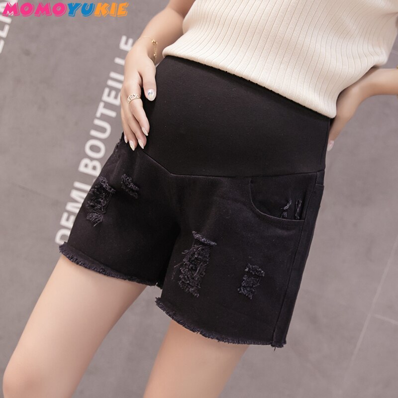 Pantalones vaqueros de maternidad para mujer, pantalones cortos de tela vaquera con cintura elástica, ropa para embarazadas, color blanco y negro